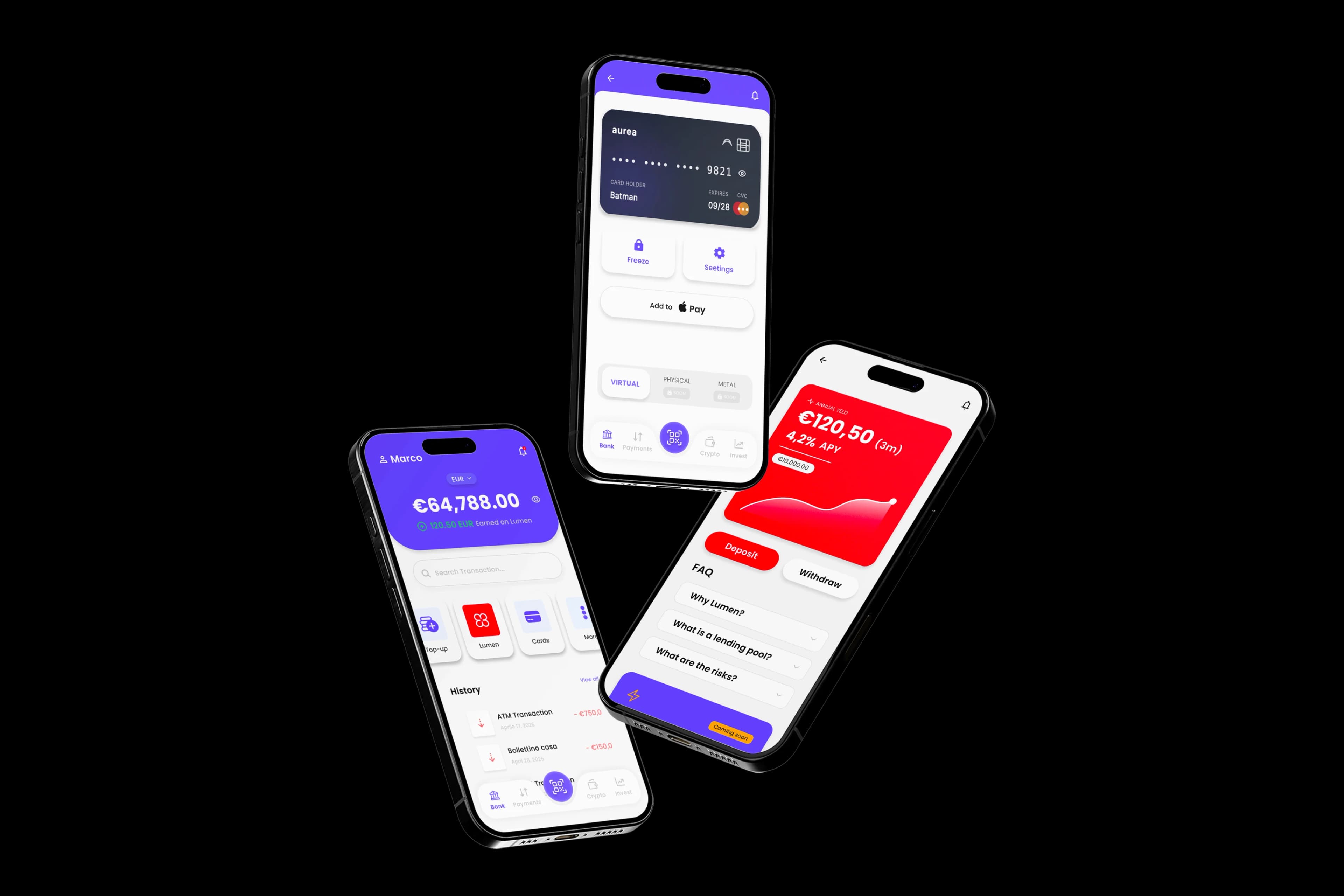 Aurea app — wallet, card and yield screens on iPhone